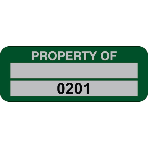 Lustre-Cal Property ID Label PROPERTY OF 5 Alum Green 2in x 0.75in 1 Blank Pad & Serialized 0201-0300, 100PK 253740Ma2G0201 - main